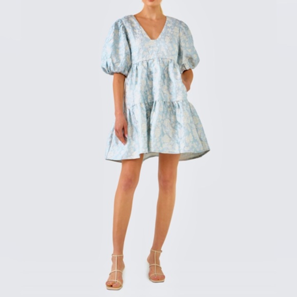 Puff Sleeve Jacquard Silver Blue Dress - Picture 2 of 13